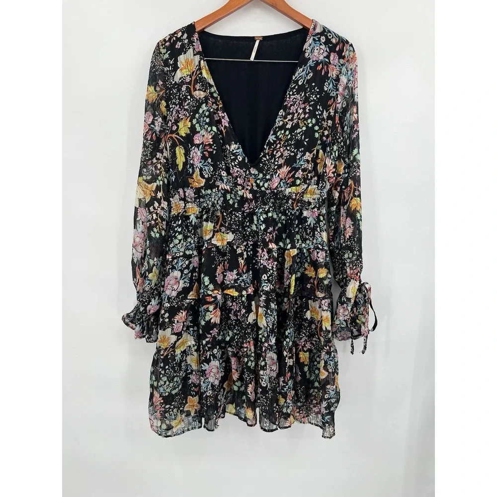 Free People Closer To The Heart Dress XL Black Floral Tiered Ruffle Boho Mini